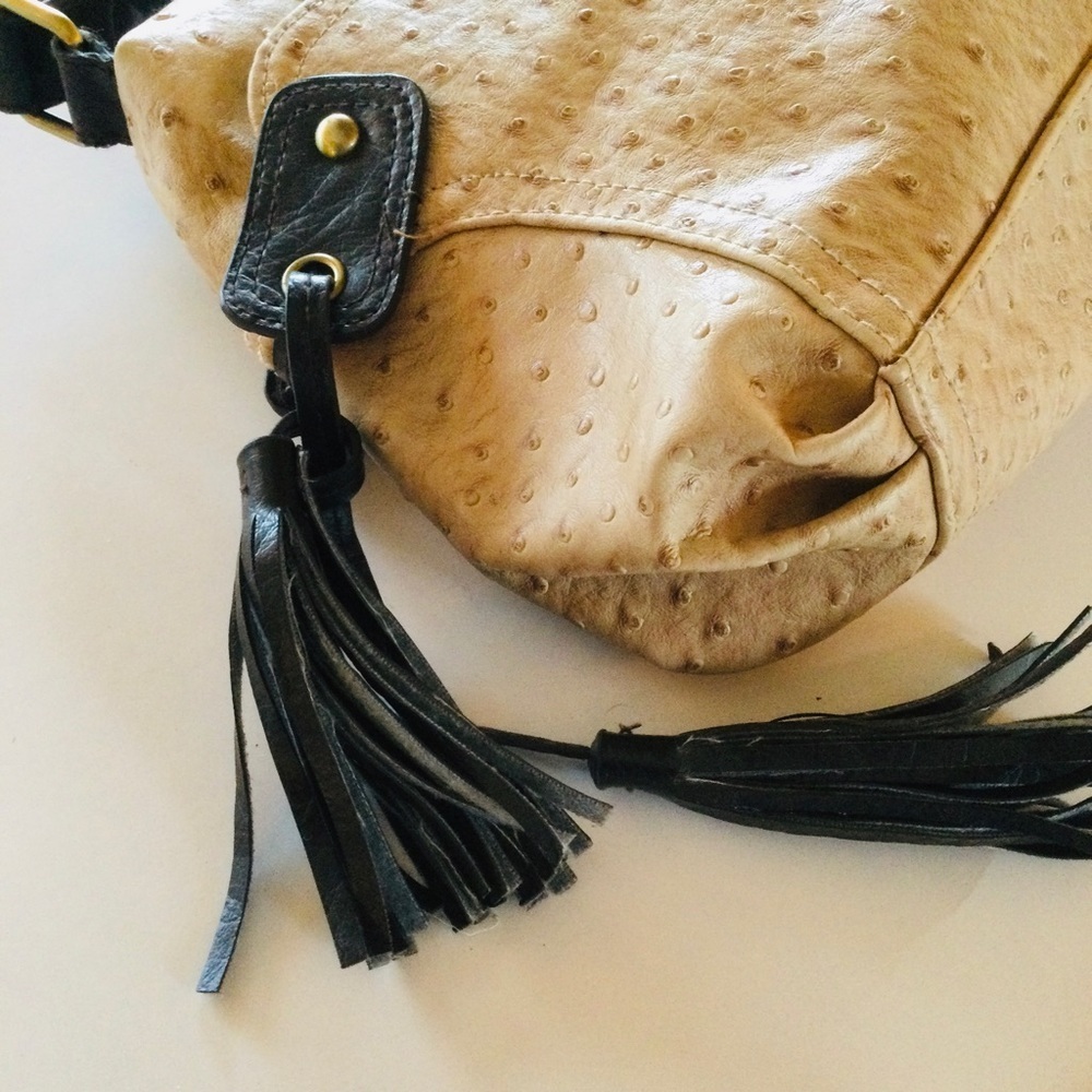 Bueno Tan & Black Shoulder Patent Handbag Fringe Tassels - Picture 8 of 8